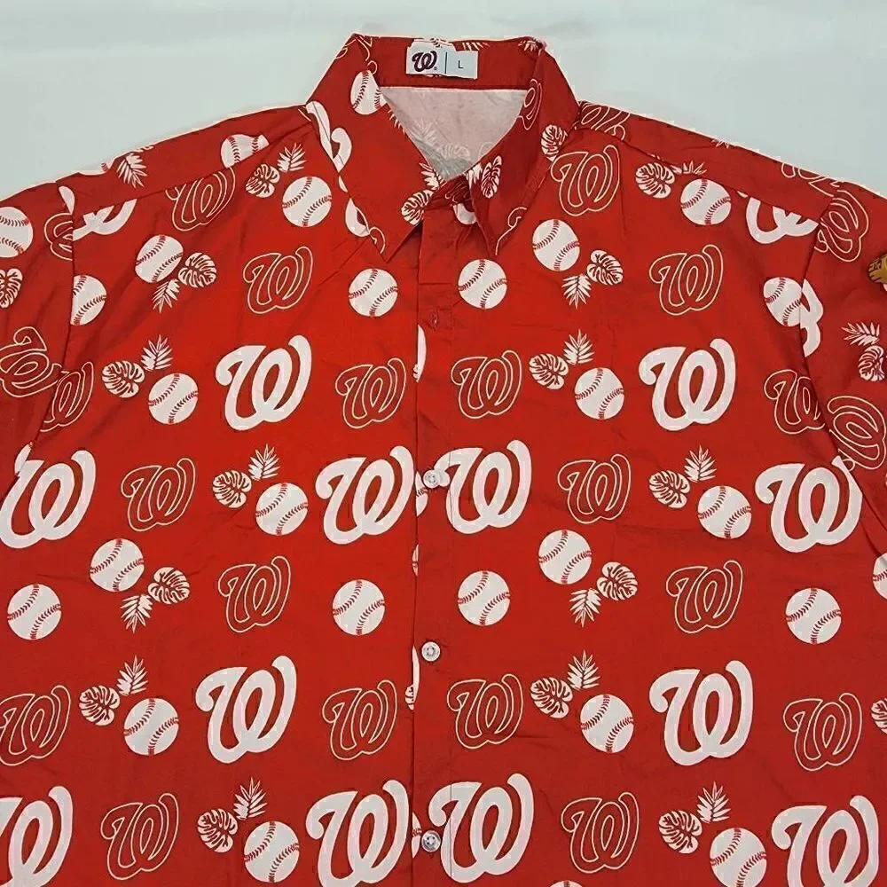 Masn mens Washington Nationals Button up Shirt red white size L